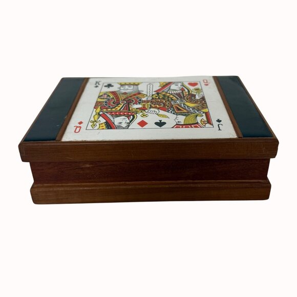Wooden Playing Card Box Ceramic Tile King Queen Spades Vintage MCM Green Felt - Picture 3 of 16